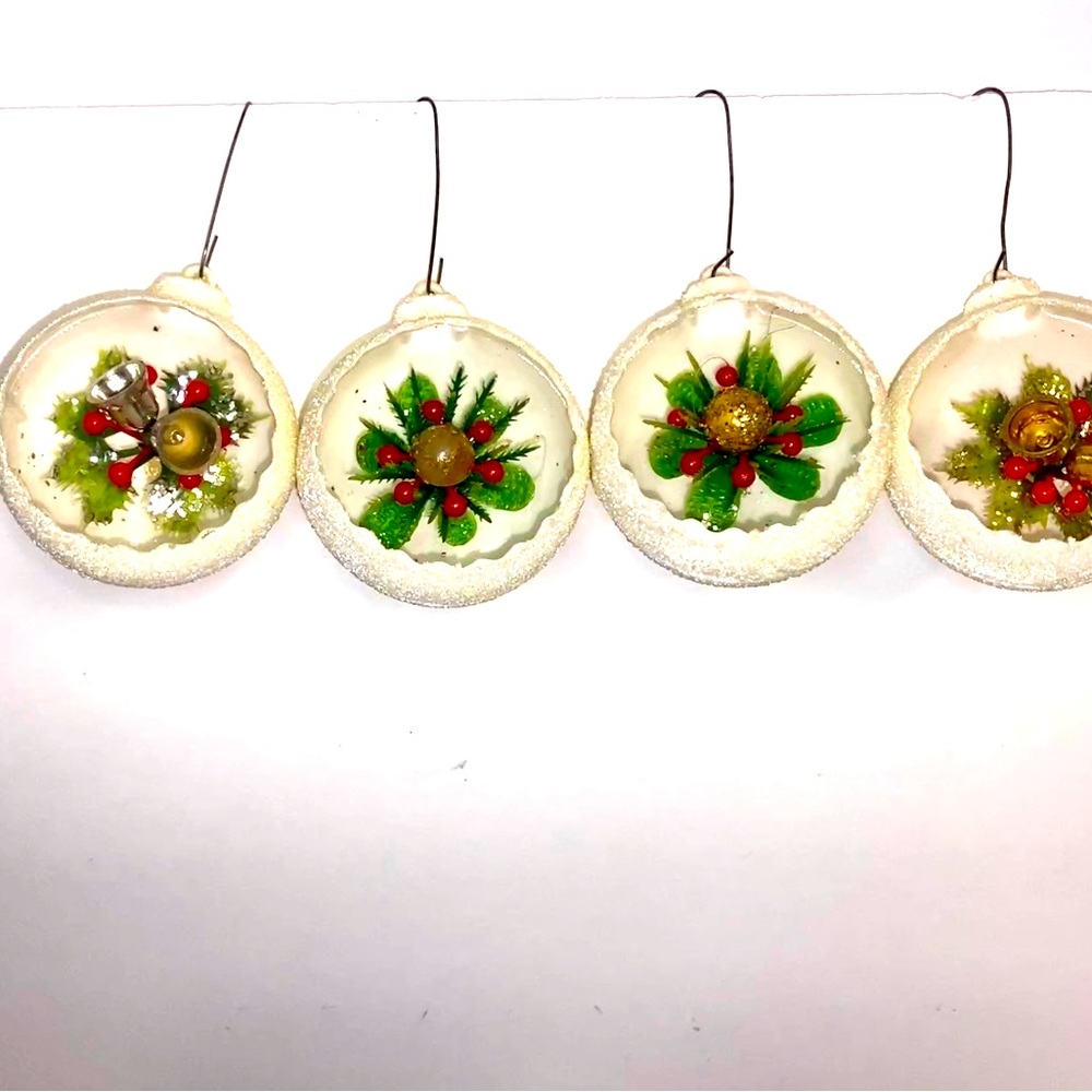 Vintage Mid Century Christmas Bulbs Ornaments Snowball  Set 4 Bells Holly ￼60s